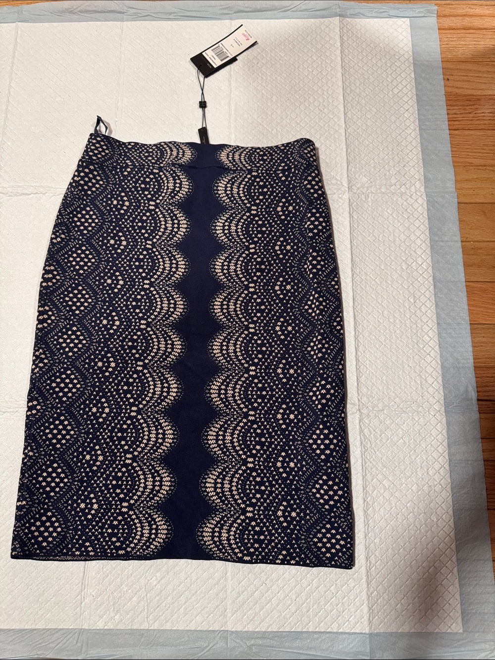 BCBG Navy Lace-Overlay Pencil Skirt